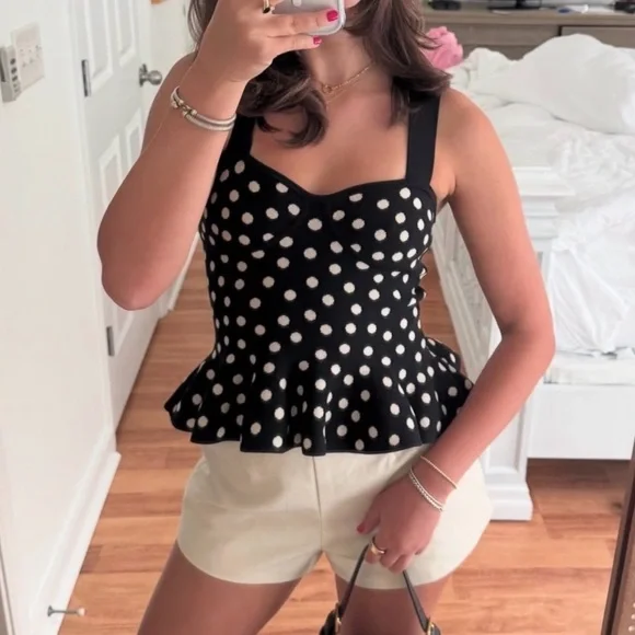 Express Black and White Polka Dot Peplum Camisole - Picture 1 of 8